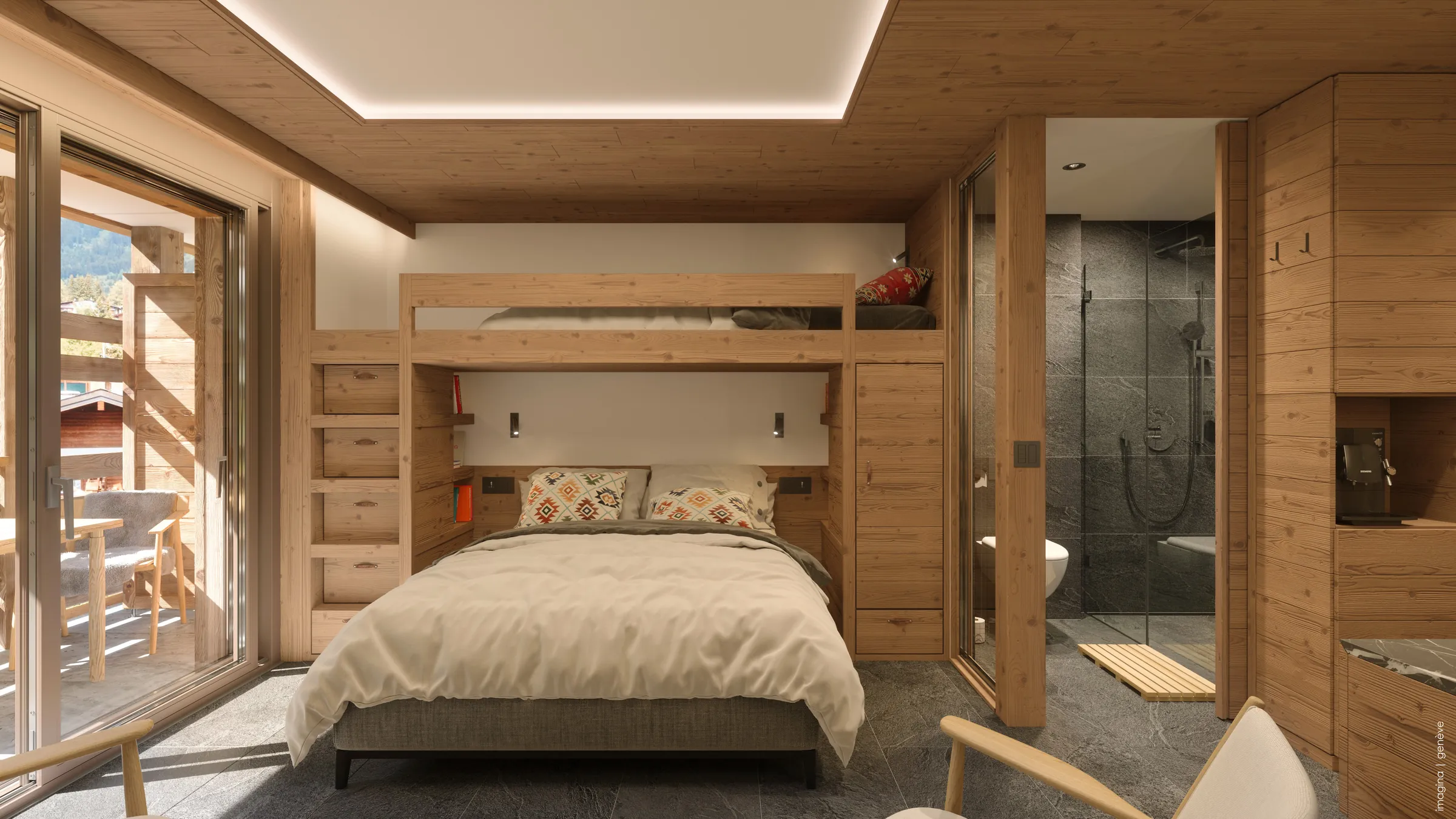 Cosy room with a king-size bed below the bunk bed and the balcony door