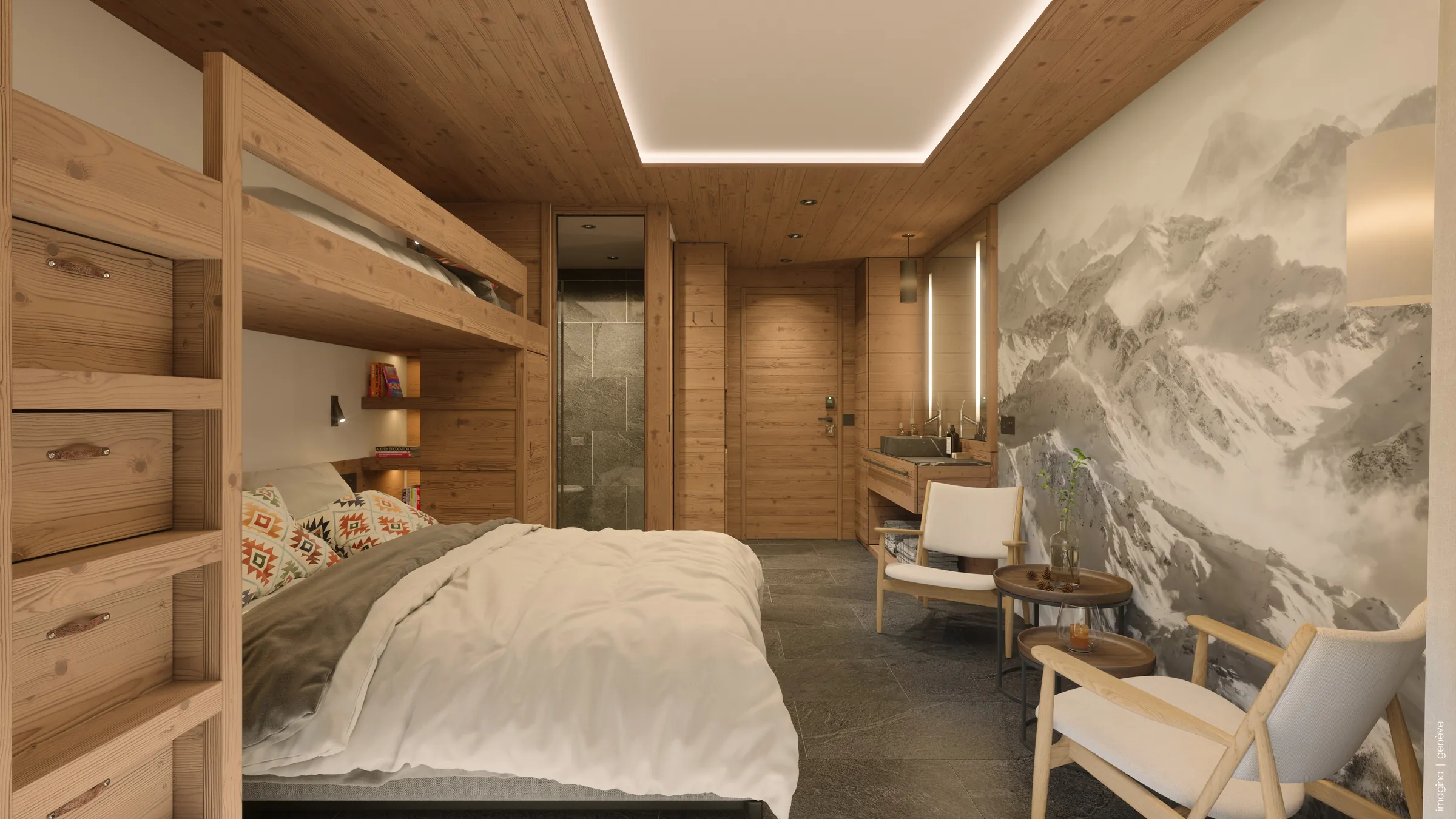Cosy room with a bunk bed and a mountain mural