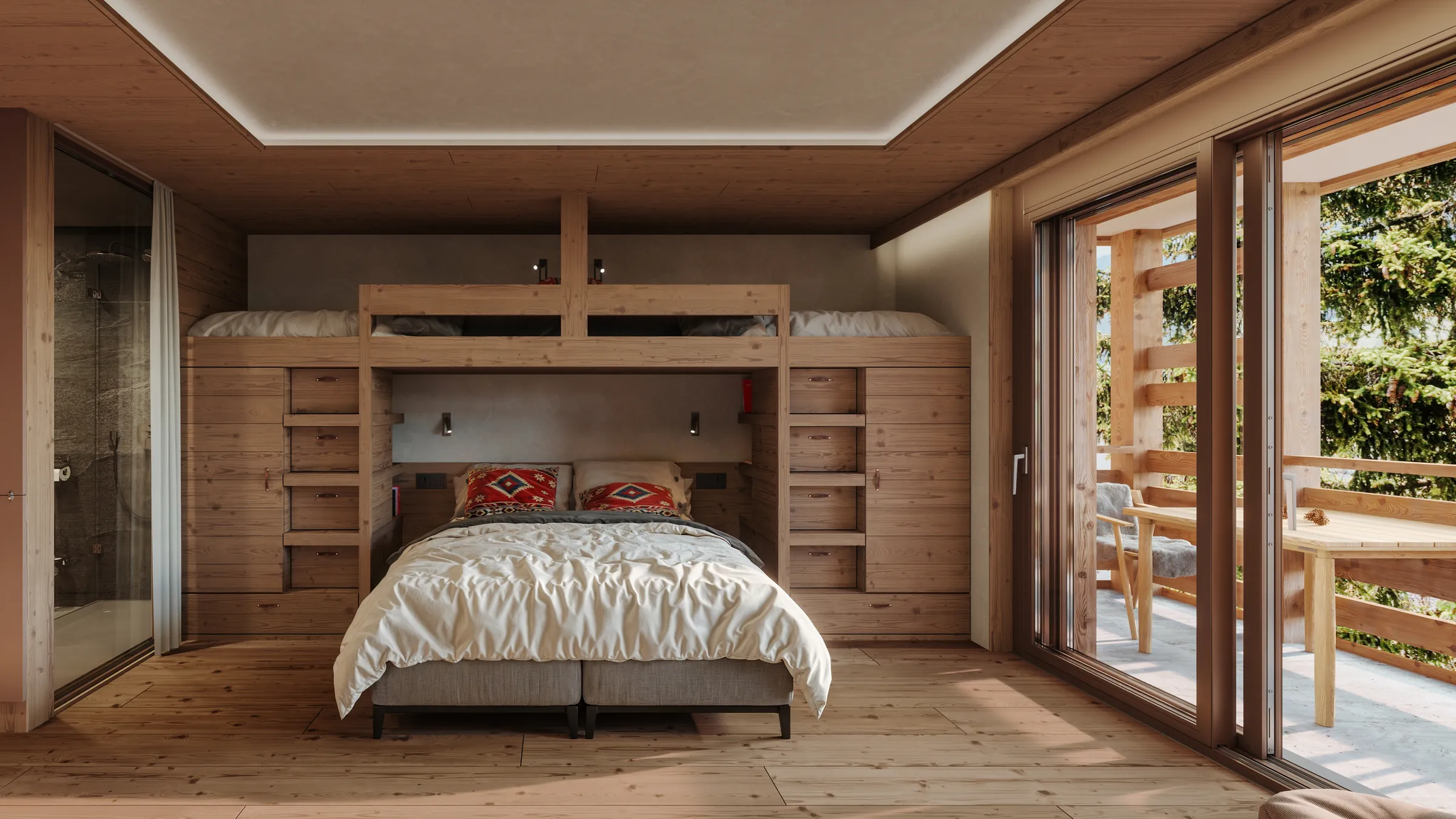 Deluxe room with a king-size bed, bunk beds and a balcony