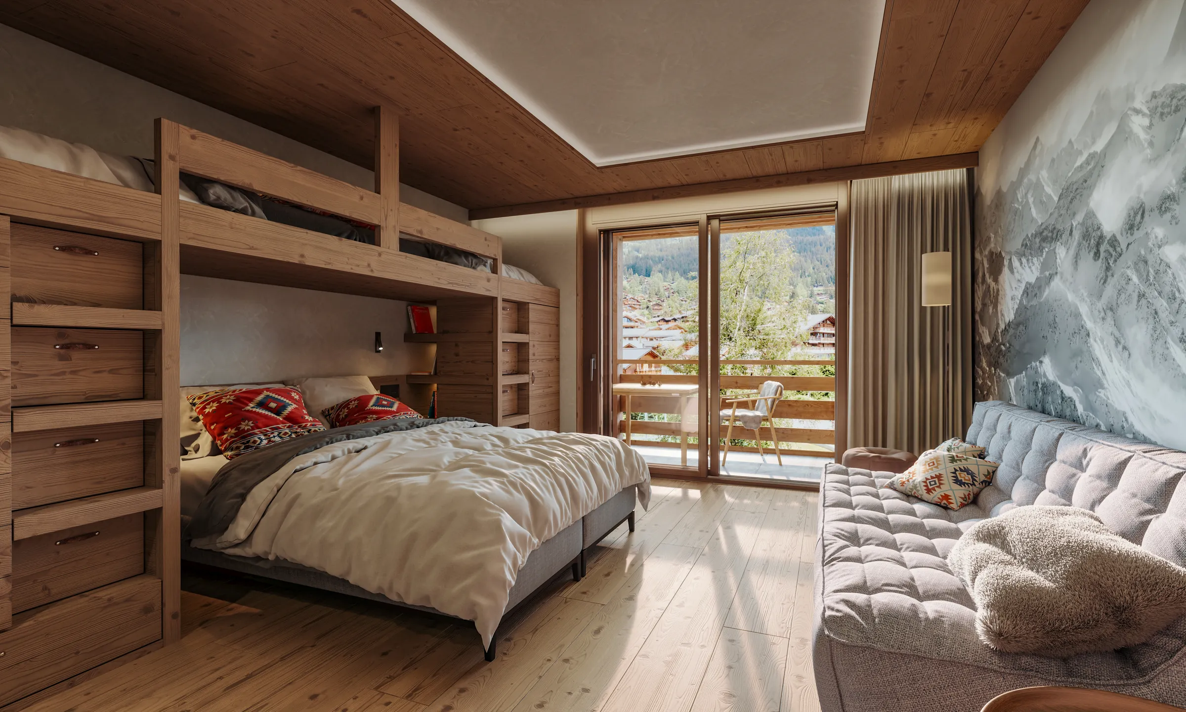 Deluxe room with a sofa and a mountain mural