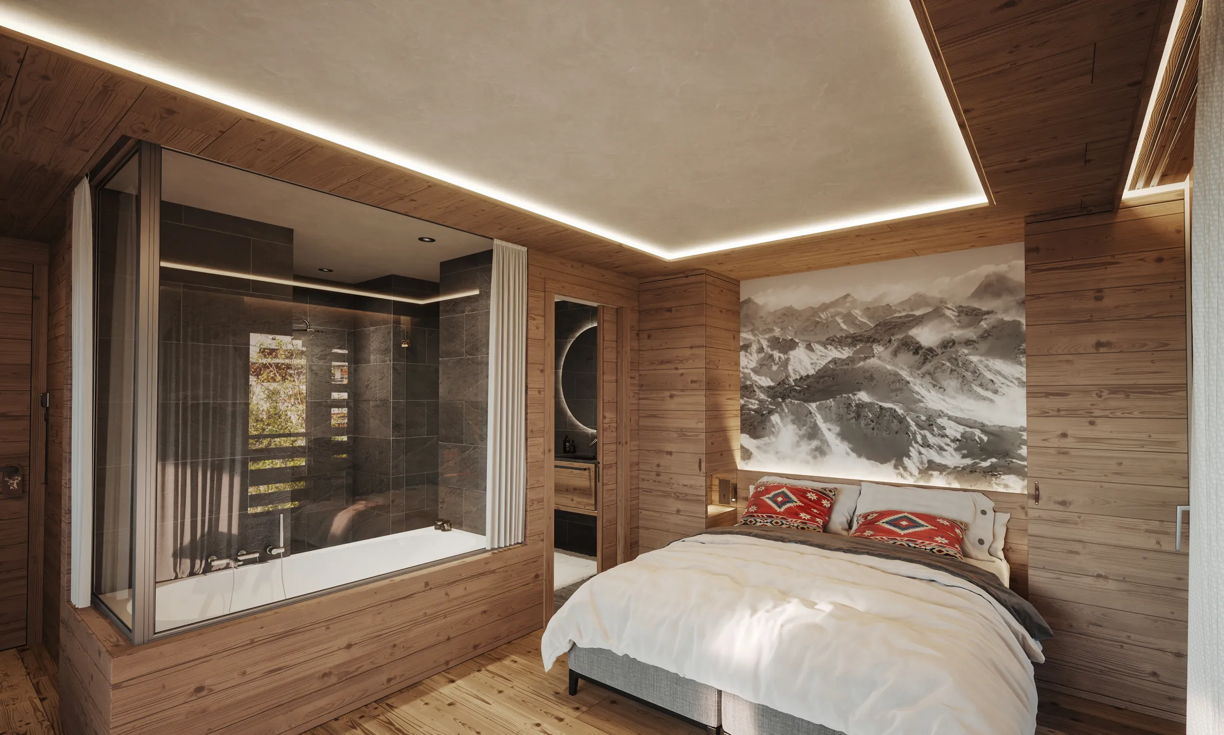 Mountain Suite bedroom with a glass-walled bathroom
