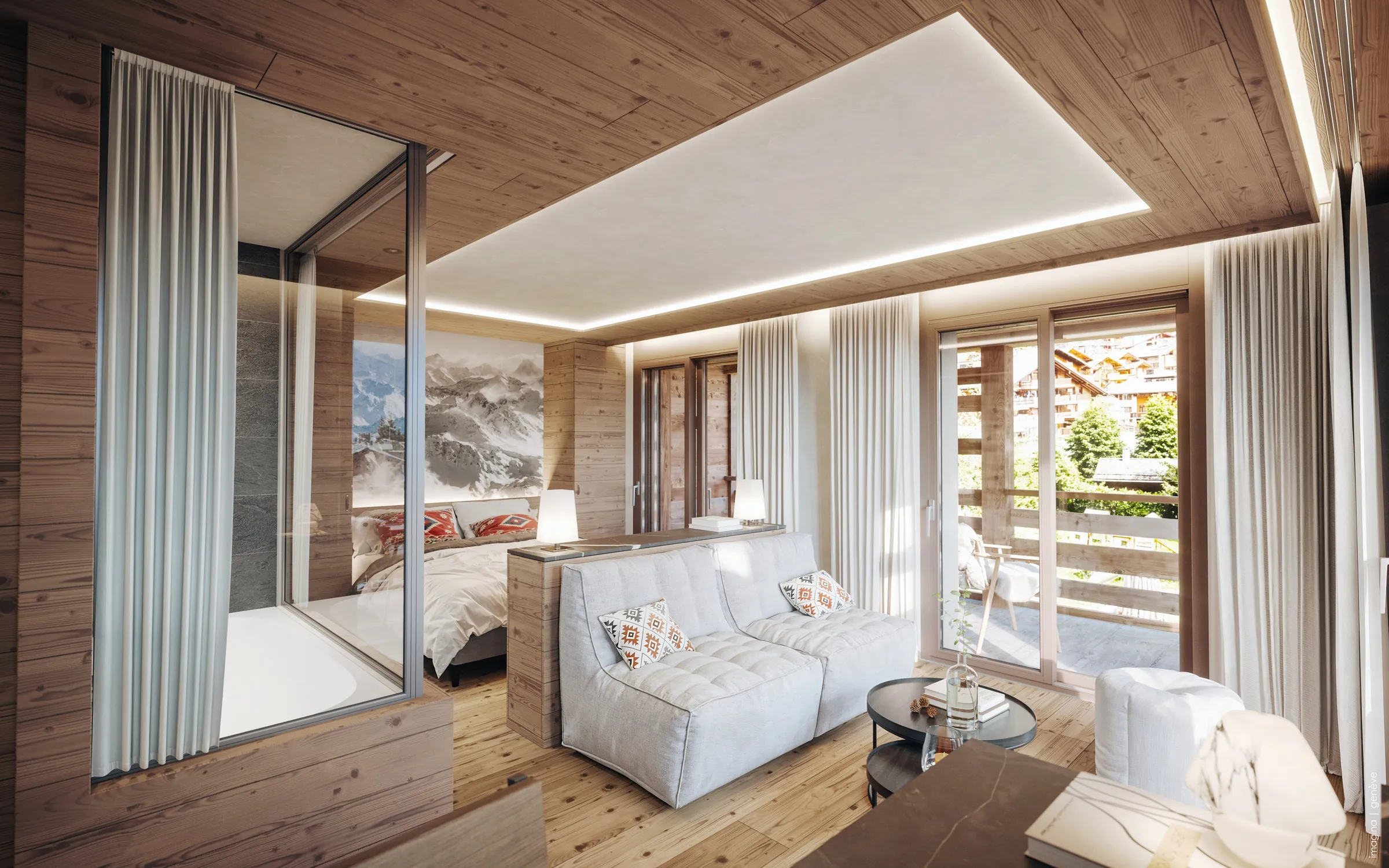 Mountain Suite lounge with a sofa and the balcony doors